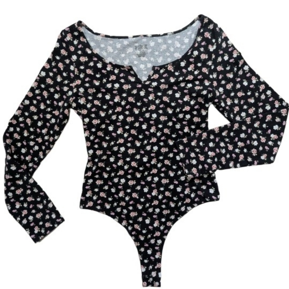 VS PINK Black Floral Long Sleeve Ribbed Thong Bodysuit Size S